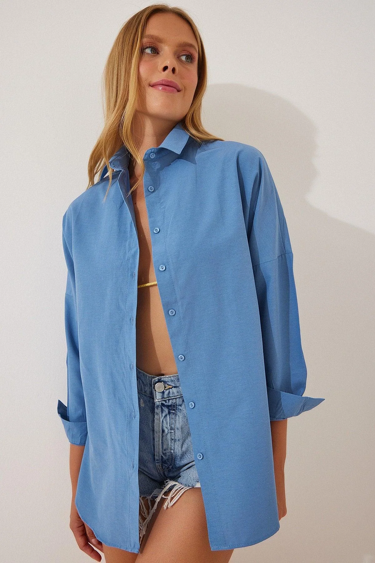 Deep Indigo Oversized Longline Cotton Blend Shirt for Women
