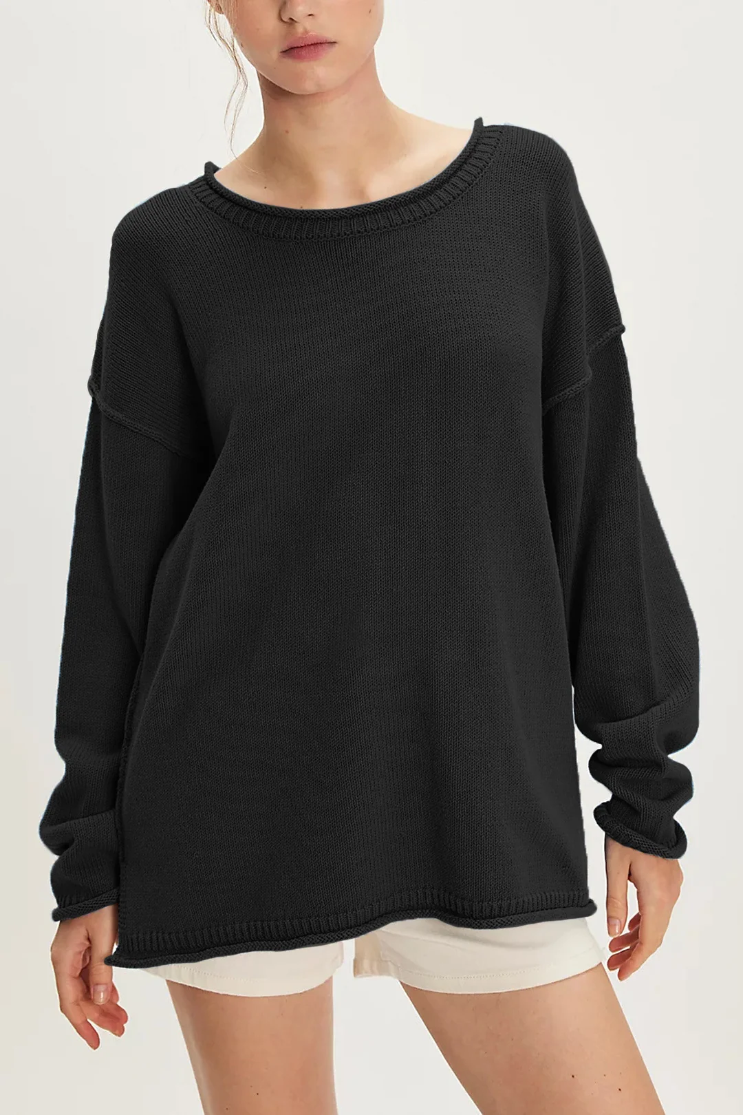 Women's Knitted Solid Color Round Neck Pullover Loose Sweater
