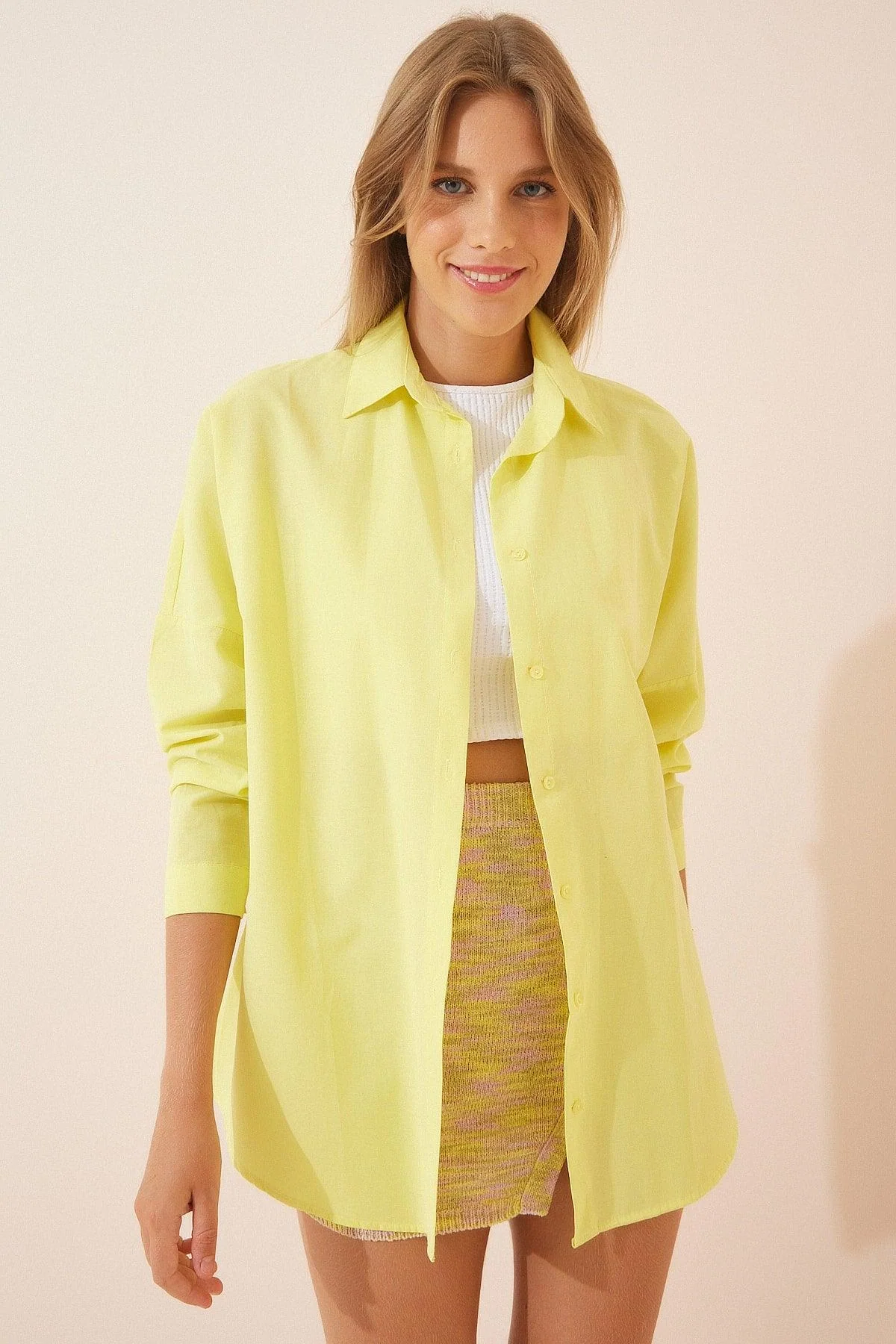 Light Yellow Oversized Longline Cotton Blend Shirt for Women