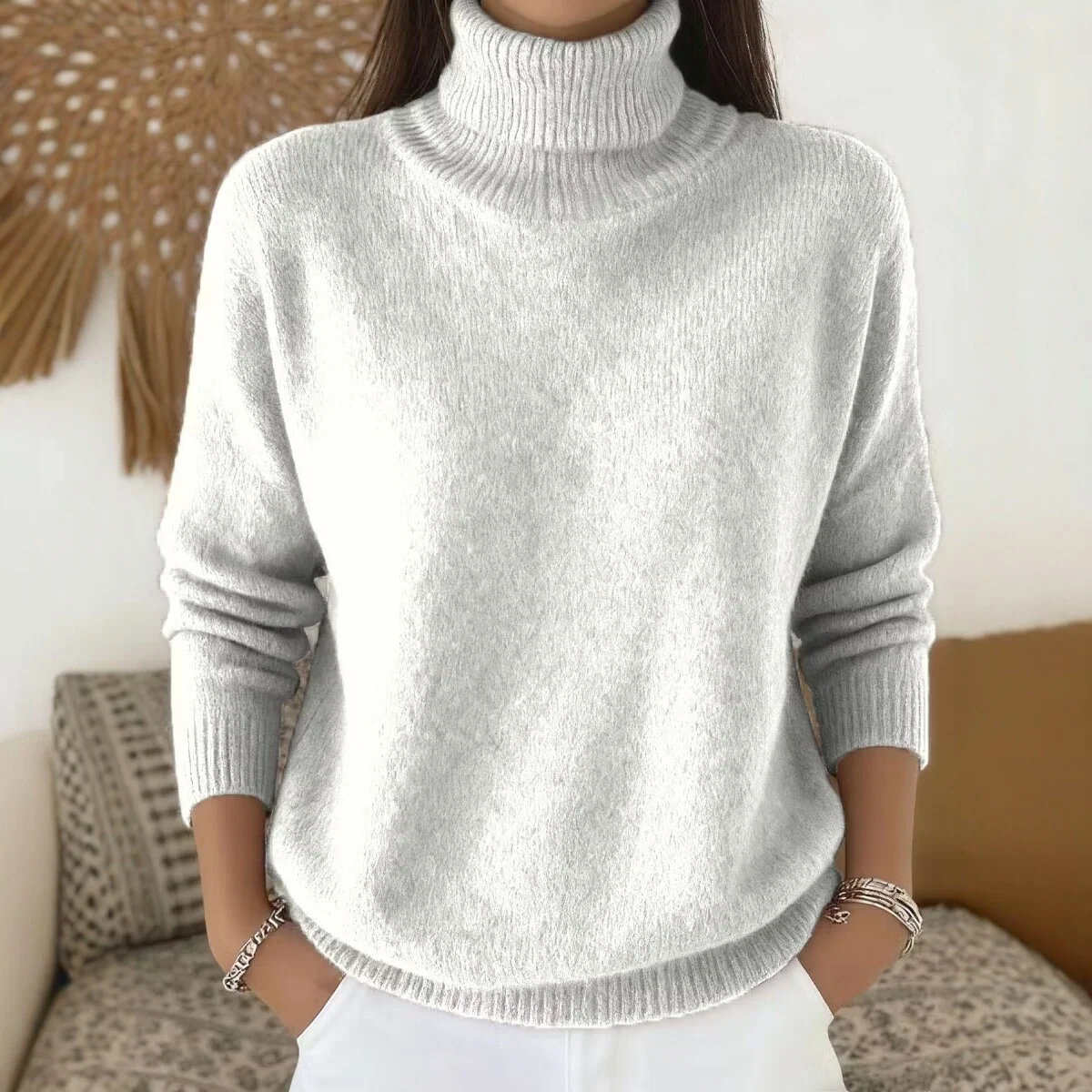 Womens Loose-fitting Solid-color Turtleneck Pullover Knit Sweater