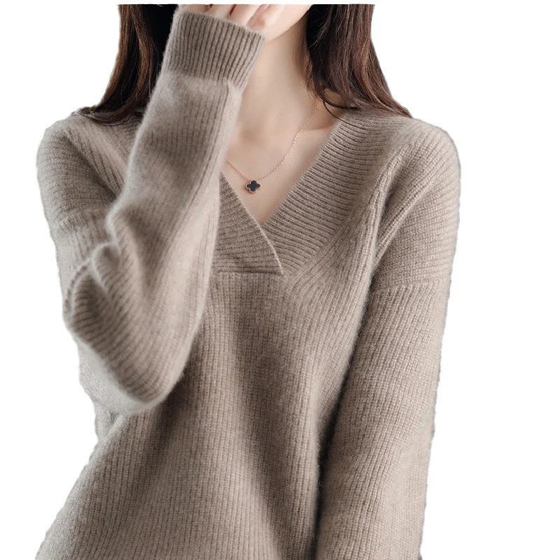 Women's Loose Solid Color and V-neck Pullover Thick Sweater