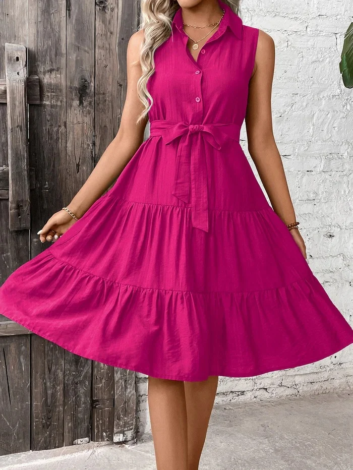 Womens New-style Solid-color Button-down Dress