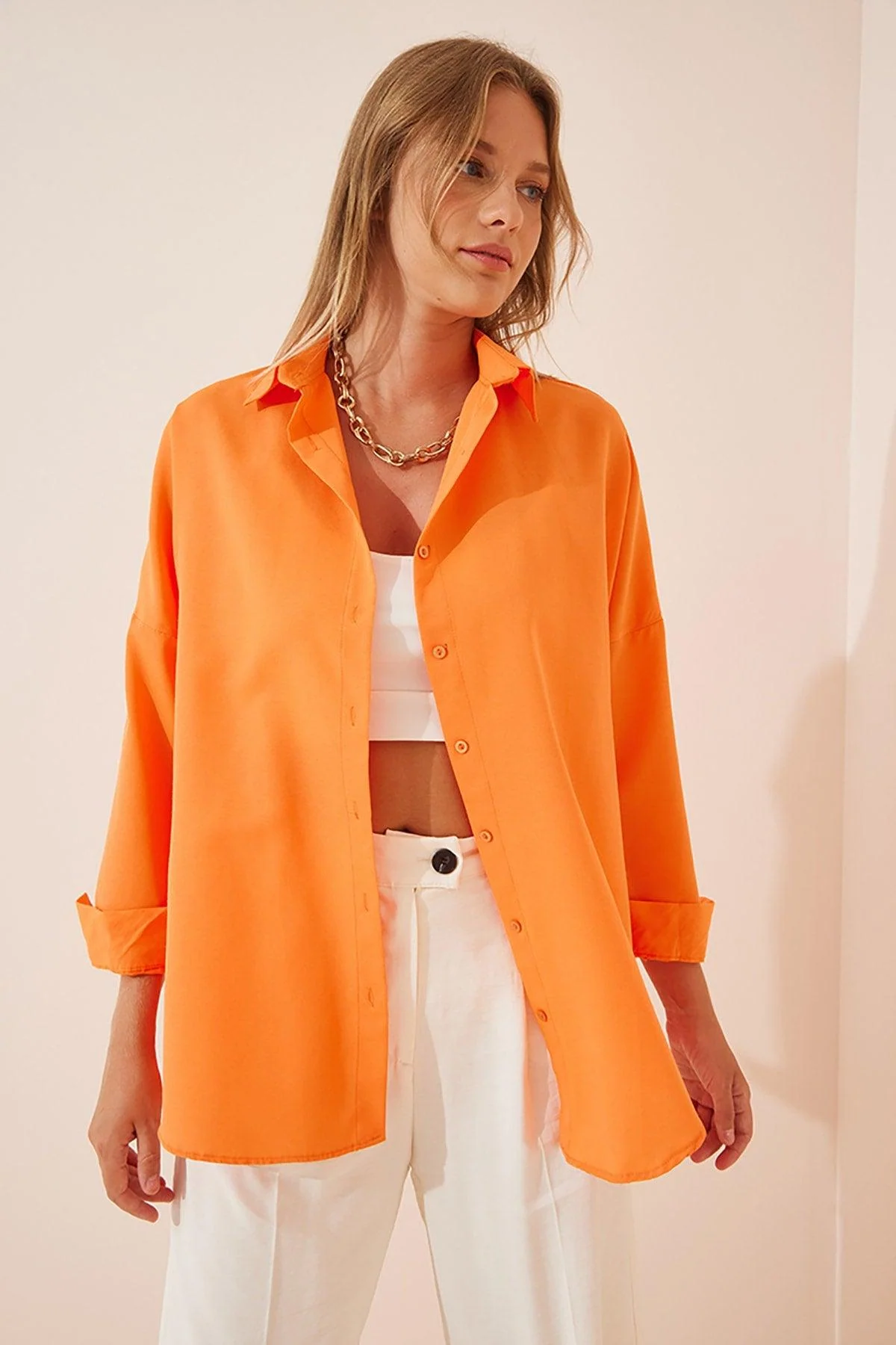 Oversized long-sleeve cotton polyester shirt for women in orange