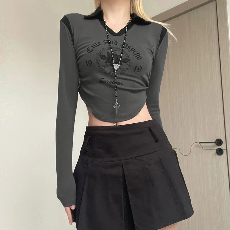 Women's Patchwork Lapel Long Sleeve Crop Top