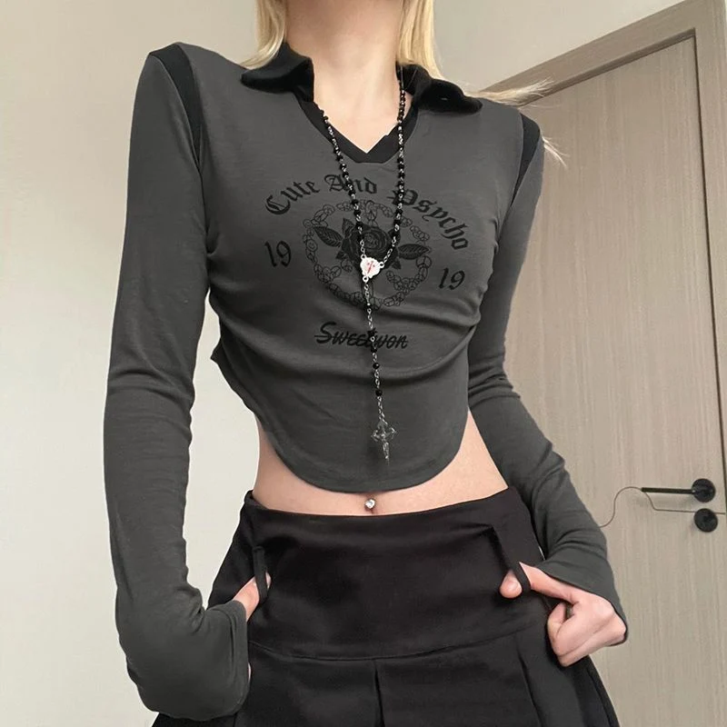 Women's Patchwork Lapel Long Sleeve Crop Top