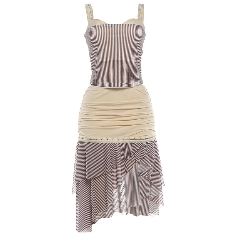 Women's Patchwork Striped Asymmetrical Skirt Set