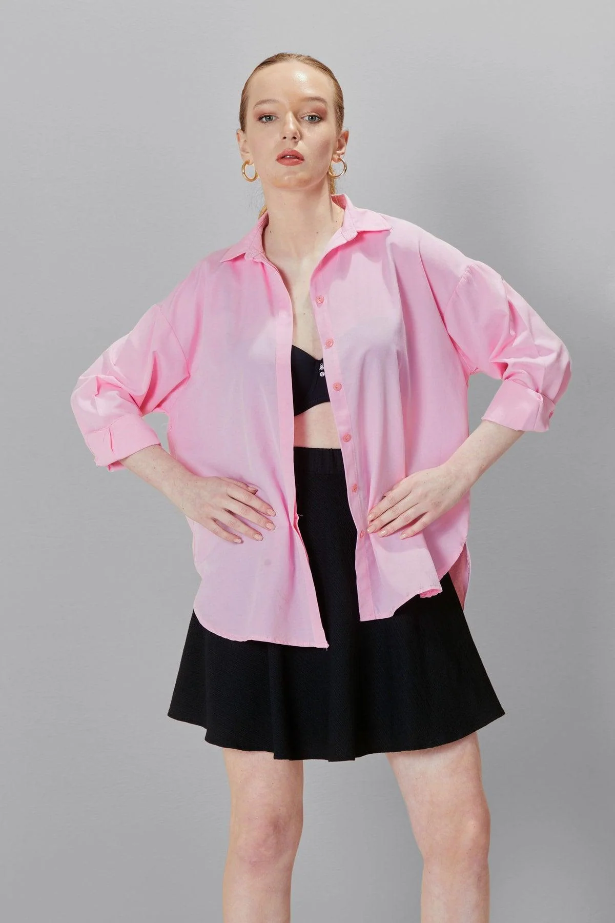 Pink oversized long sleeve cotton polyester blend shirt