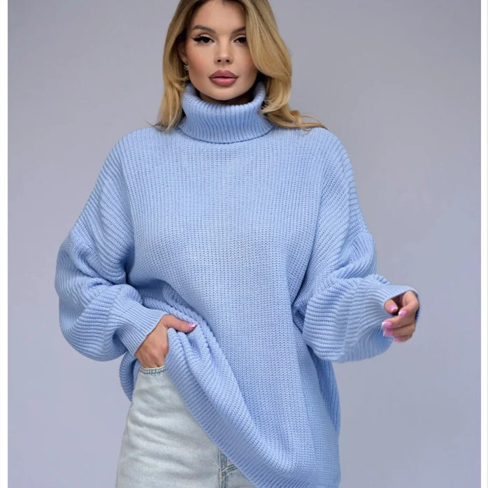 Women's Solid Color Casual High Neck Pullover Sweater