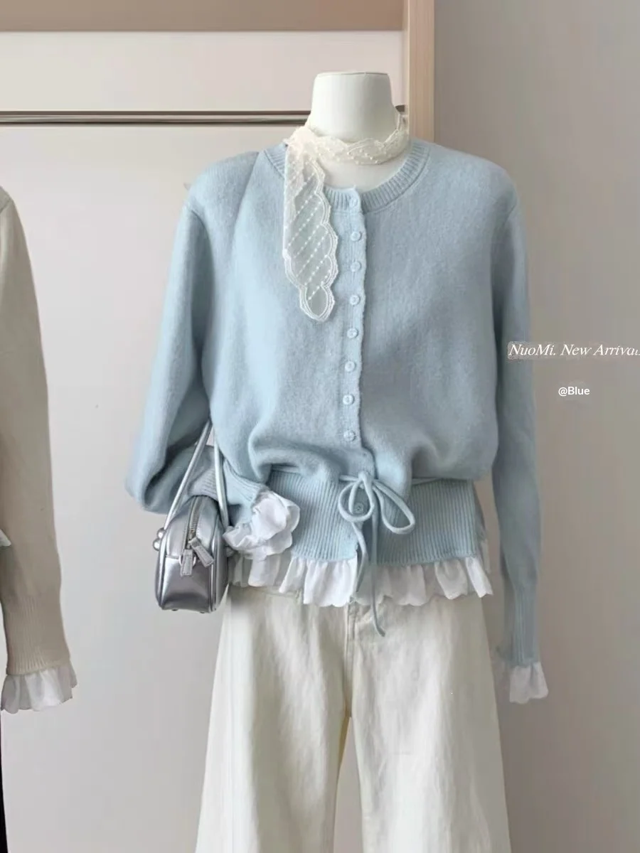 Womens Solid-color Defined-waistline Lace-patchwork Sweater