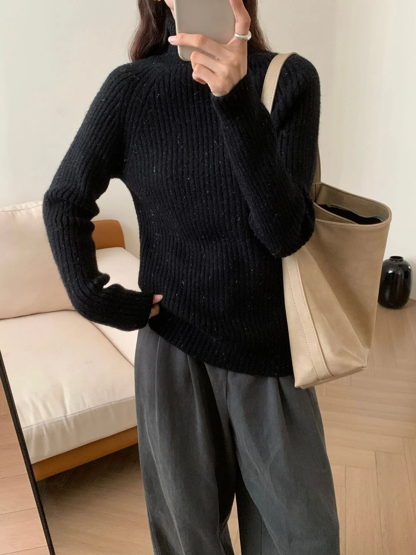 Women's Solid Color Shiny Soft Glutinous Loose Turtleneck Sweater