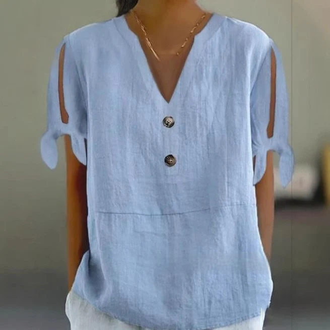 Women's Solid Color V‑Neck Button‑Down Cotton‑Linen Top