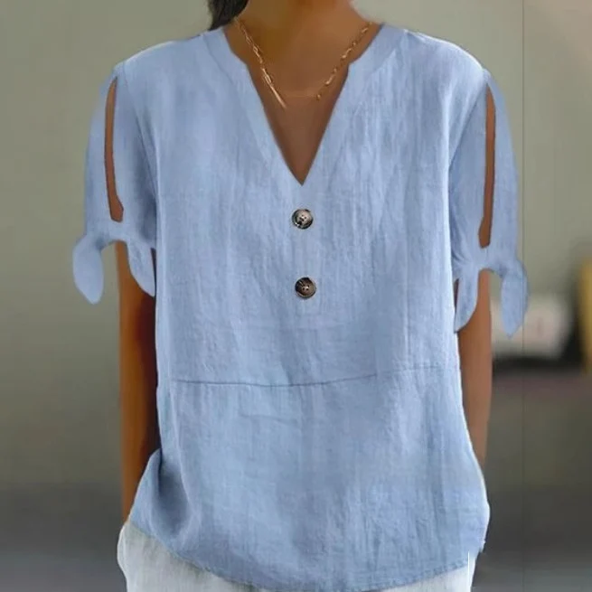 Women's Solid Color V‑Neck Button‑Down Cotton‑Linen Top