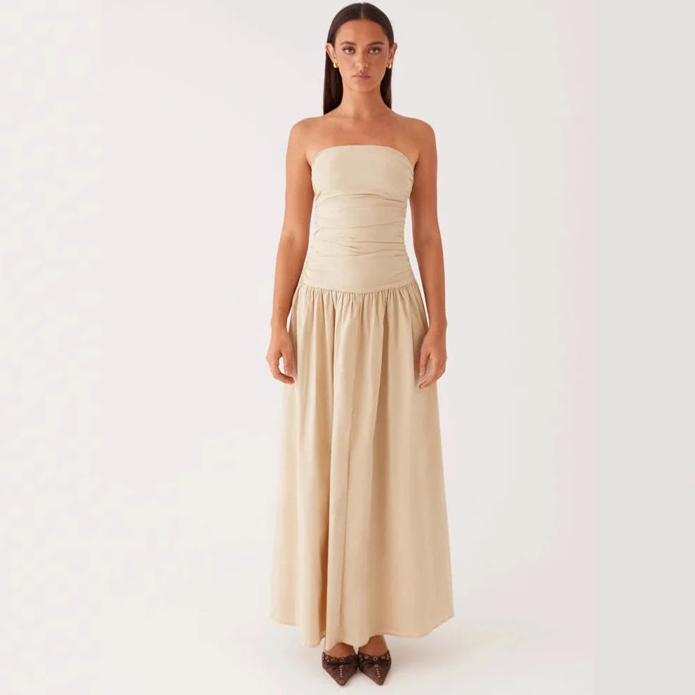 Womens Strapless Pleated Patchwork Evening Dress