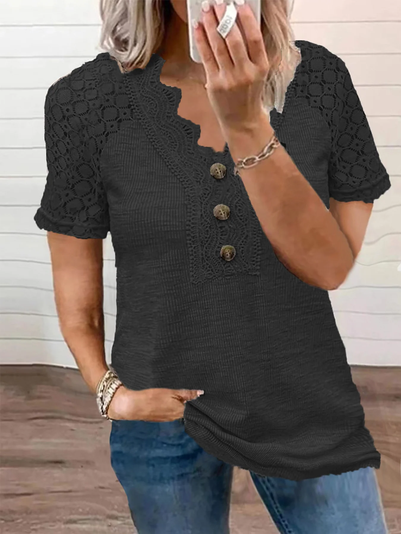 Women's V-Neck Button-Front Lace Tee – Soft Stretch Fit