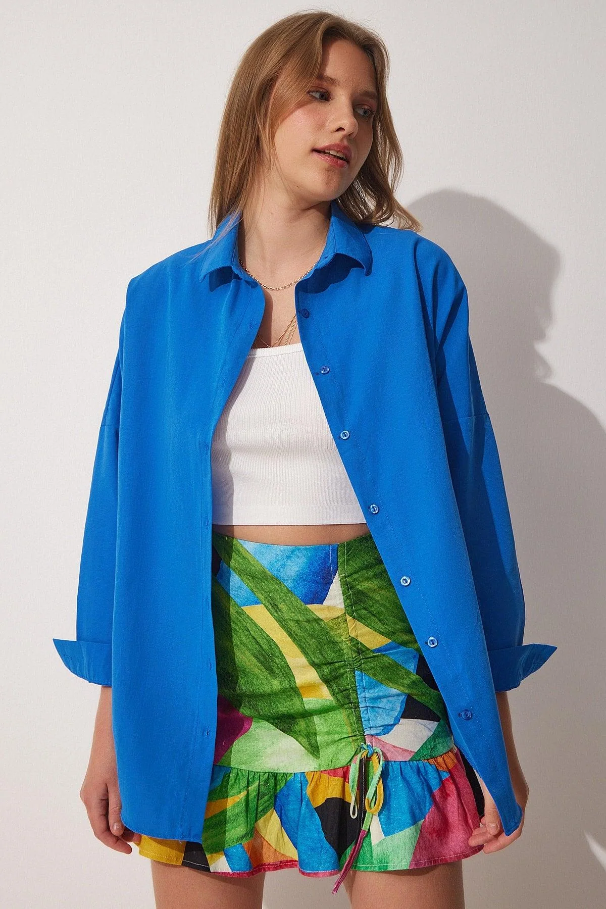 Women's vivid blue oversized long-sleeve shirt