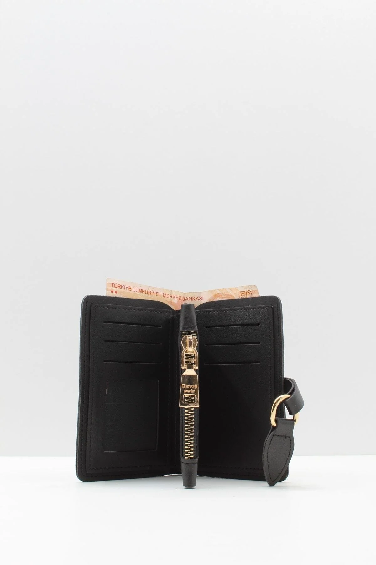 Black women's wallet with soft leather texture and card storage
