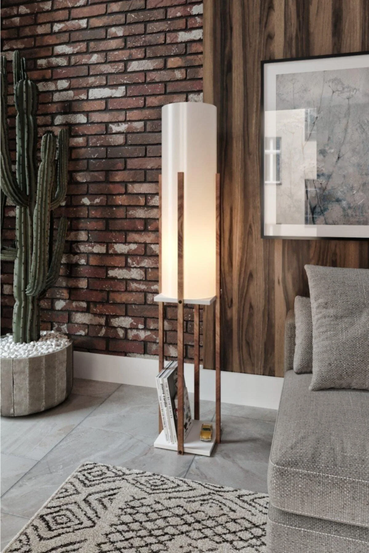 Decorative floor lamp with wooden MDF base and fabric lampshade