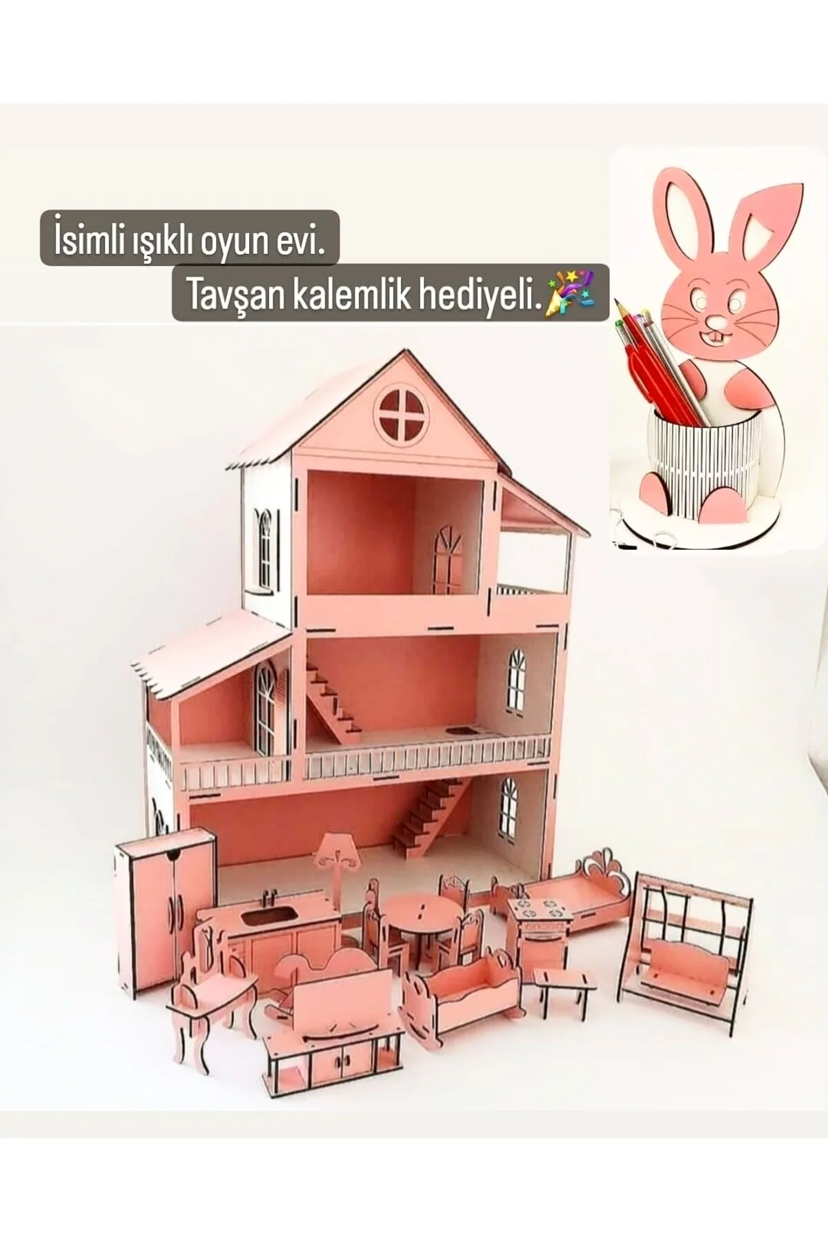 3D wooden playhouse with LED lighting and furniture set