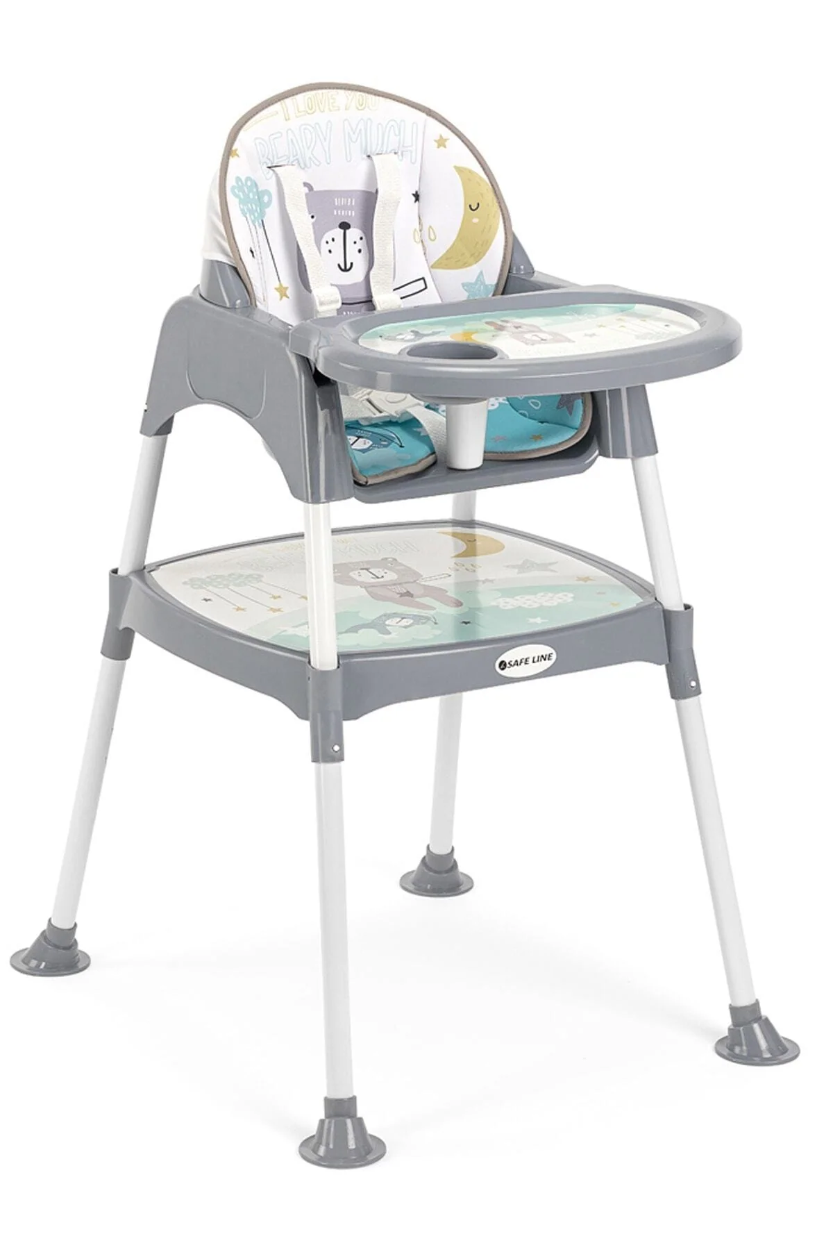 Padded highchair convertible to desk and chair for toddlers