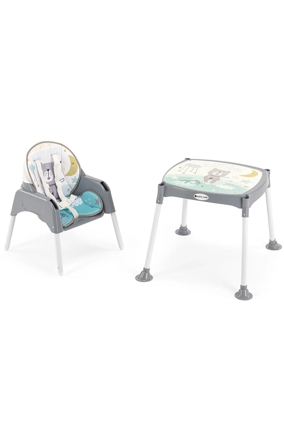 Padded highchair convertible to desk and chair for toddlers
