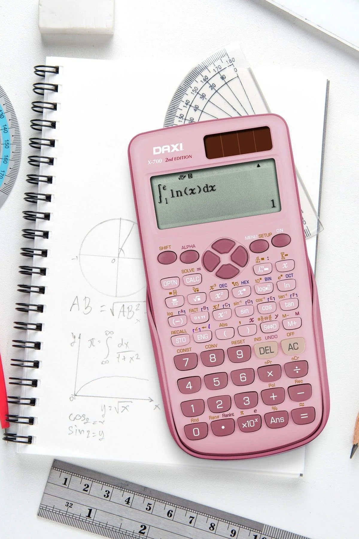 Pink scientific calculator with 552 functions, solar and battery powered